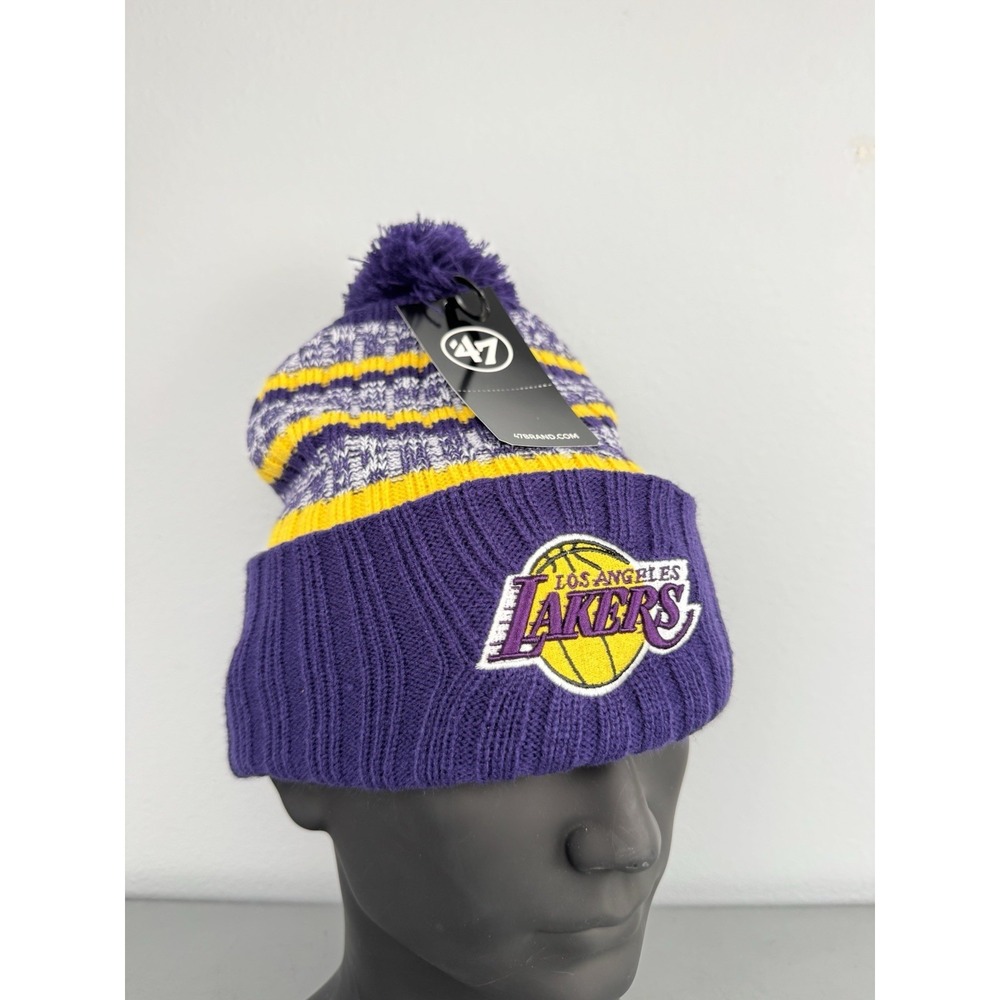 Los Angeles Lakers 47 Brand Cuff Knit Beanie Hat Cap Striped Logo Patch NBA NWT